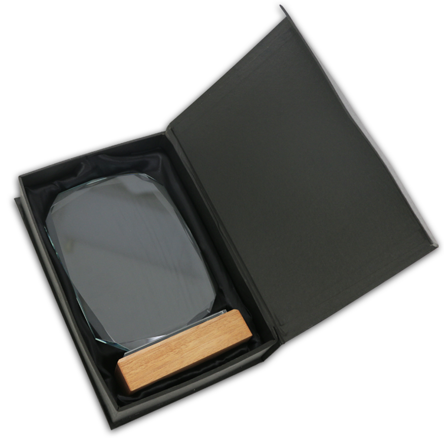 trophée premium en verre sur socle en bois